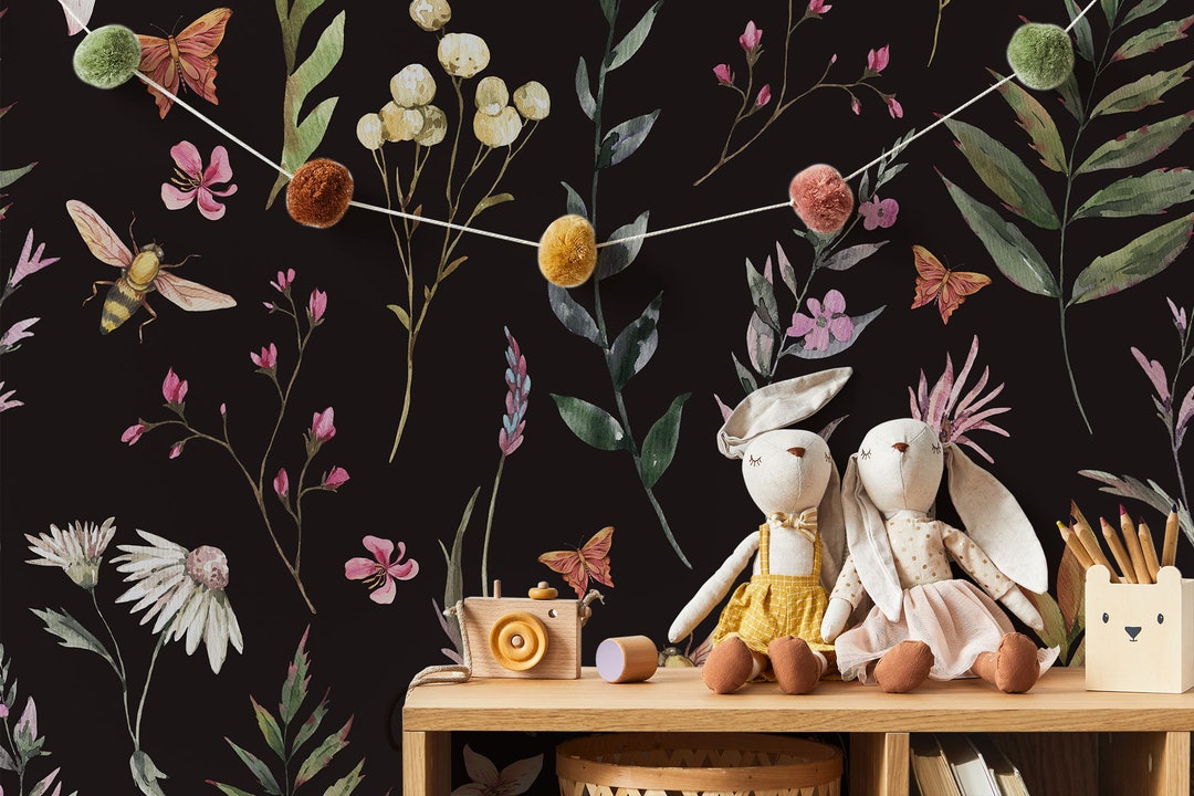 Botanical Watercolor Wallpaper Kids Nursery Wallpaper Peel - Etsy