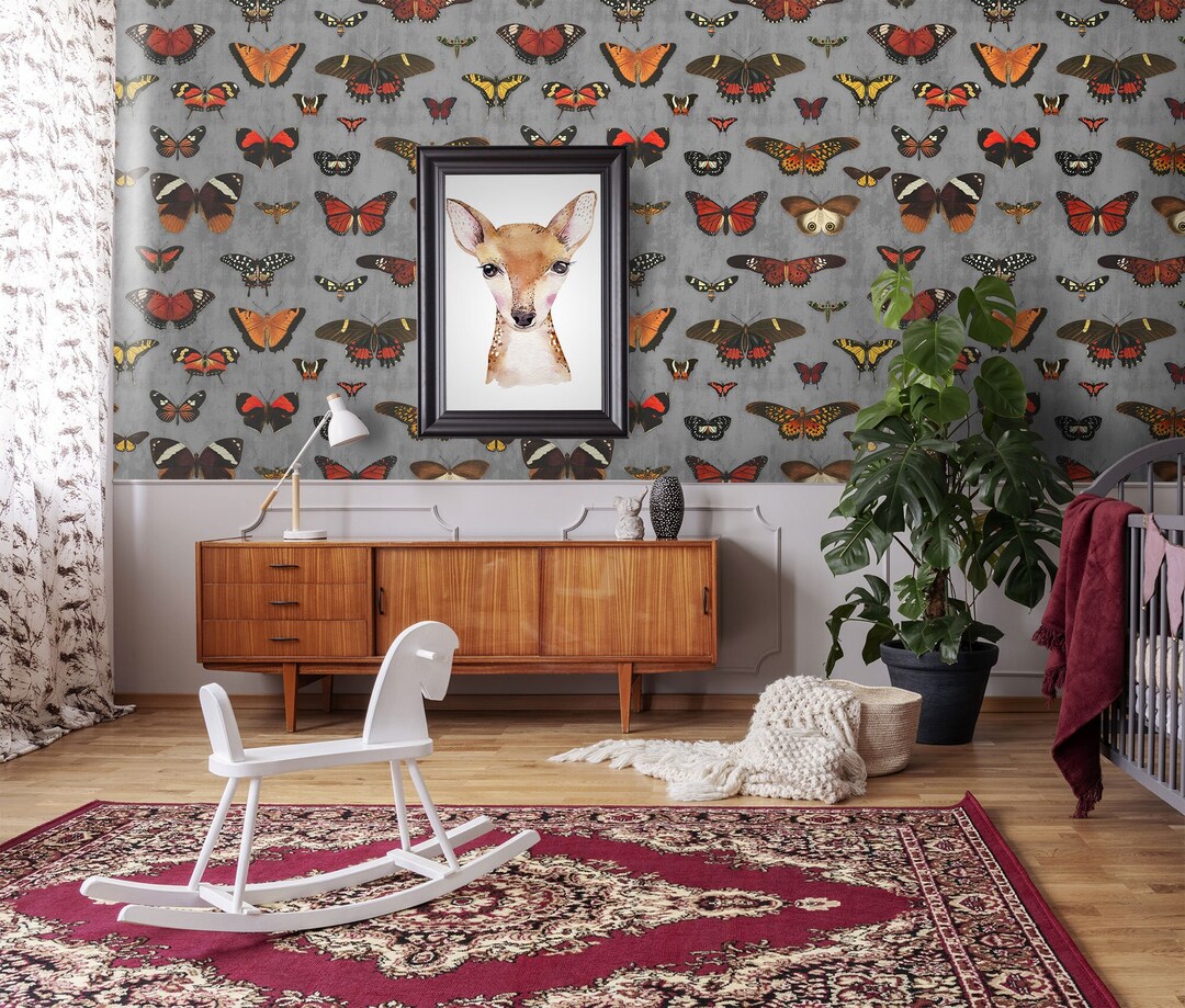 Vintage Nursery Wall Mural, Kids Wallpaper, Butterflies on Gray ...