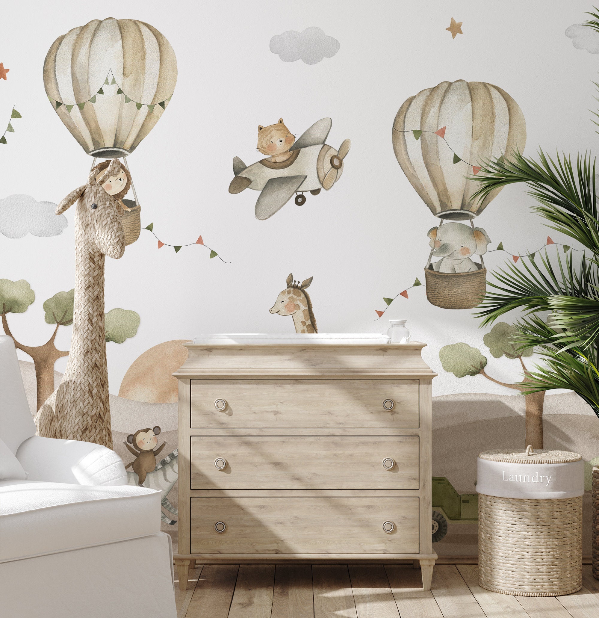 Kids Nursery Wallpaper, Watercolor Animal Wallpaper, Hot Air Balloon ...