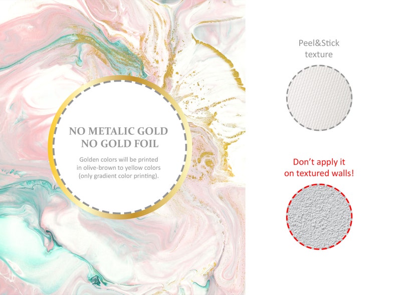 Puede incluir: Un fondo de m&aacute;rmol rosa y dorado con un c&iacute;rculo blanco que contiene el texto "NO METALLIC GOLD NO GOLD FOIL". El texto debajo del c&iacute;rculo dice "Los colores dorados se imprimir&aacute;n en marr&oacute;n oliva a amarillo (solo impresi&oacute;n de color degradado)."