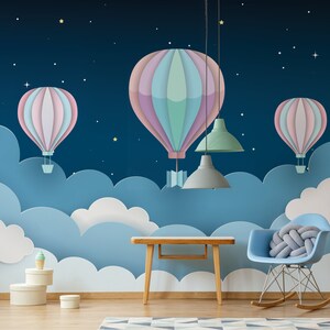 Ballons nel murale del cielo notturno, carta da parati per bambini nursery, peel and stick, autoadesivo, murale a parete nuvola e cielo, decorazione della parete della stanza del bambino