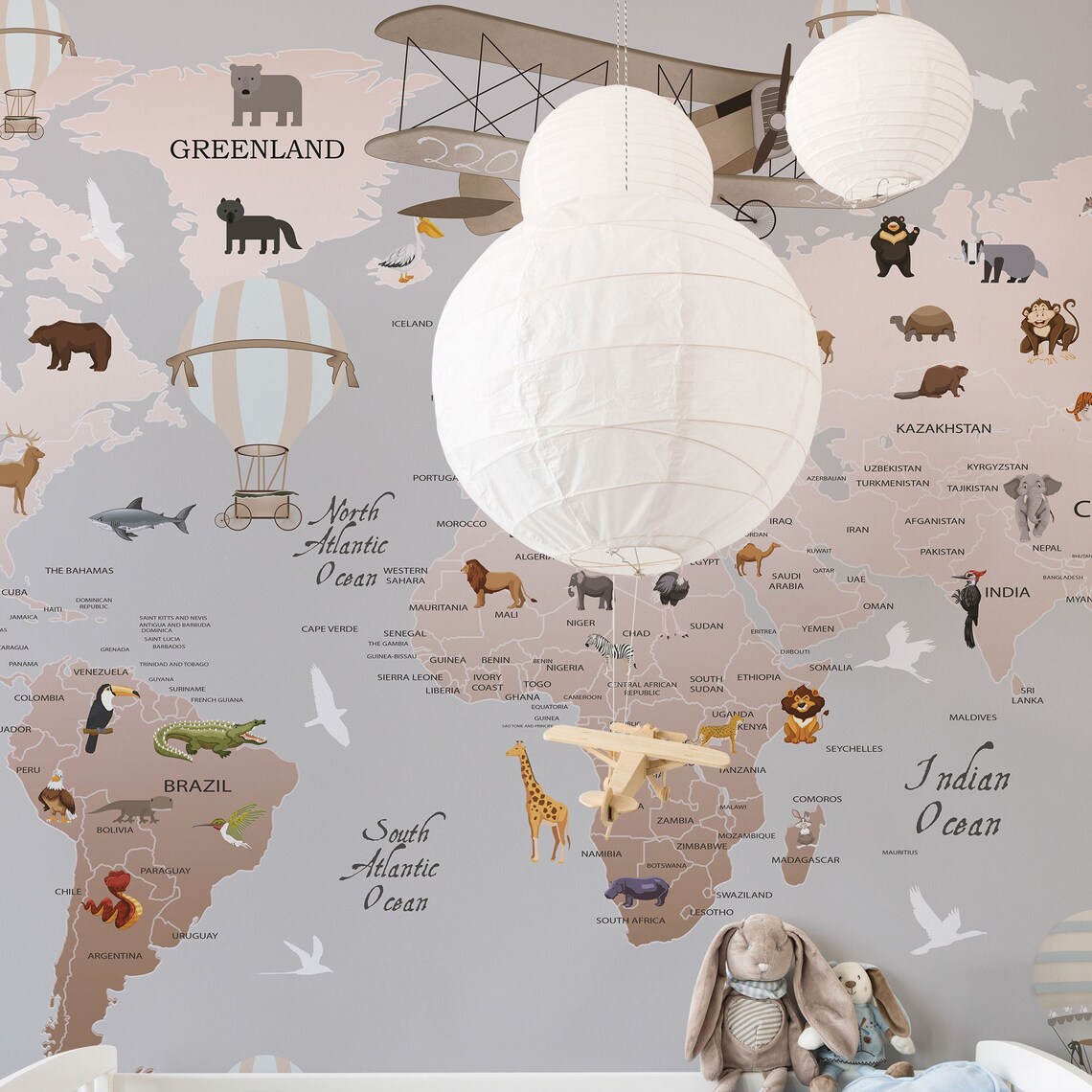 Map of the World Wallpaper Kids Nursery Wallpaper Gray - Etsy