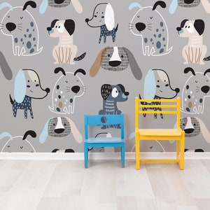 Gray wallpaper with dogs, kids nursery wallpaper, peel and stick, animal wallpaper, removable wallpaper, baby room wall decor