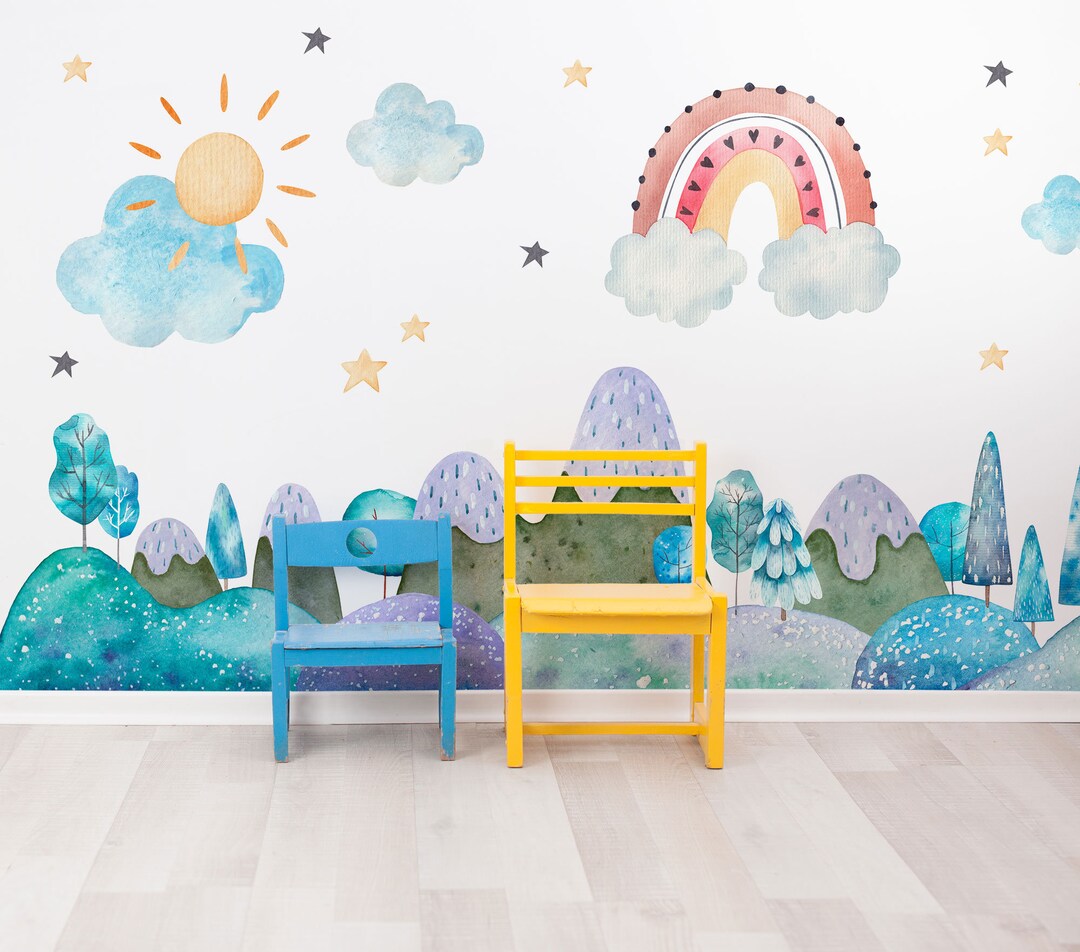 Watercolor Landscape Wall Mural for Kids Room, Peel and Stick, Self ...