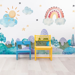 Watercolor landscape wall mural for kids room, peel and stick, self adhesive, nursery wallpaper, baby room wall decor