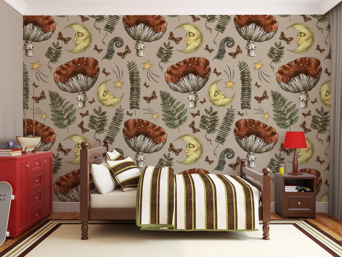 Kids Nursery Vintage Wallpaper, Forest Plants and Sleeping Moon Mural ...