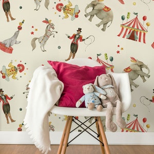 Murale della parete dell'asilo nido del circo, carta da parati per bambini, animale acquerello vintage, arte murale colorata infantile, buccia e bastone o carta da parati tradizionale