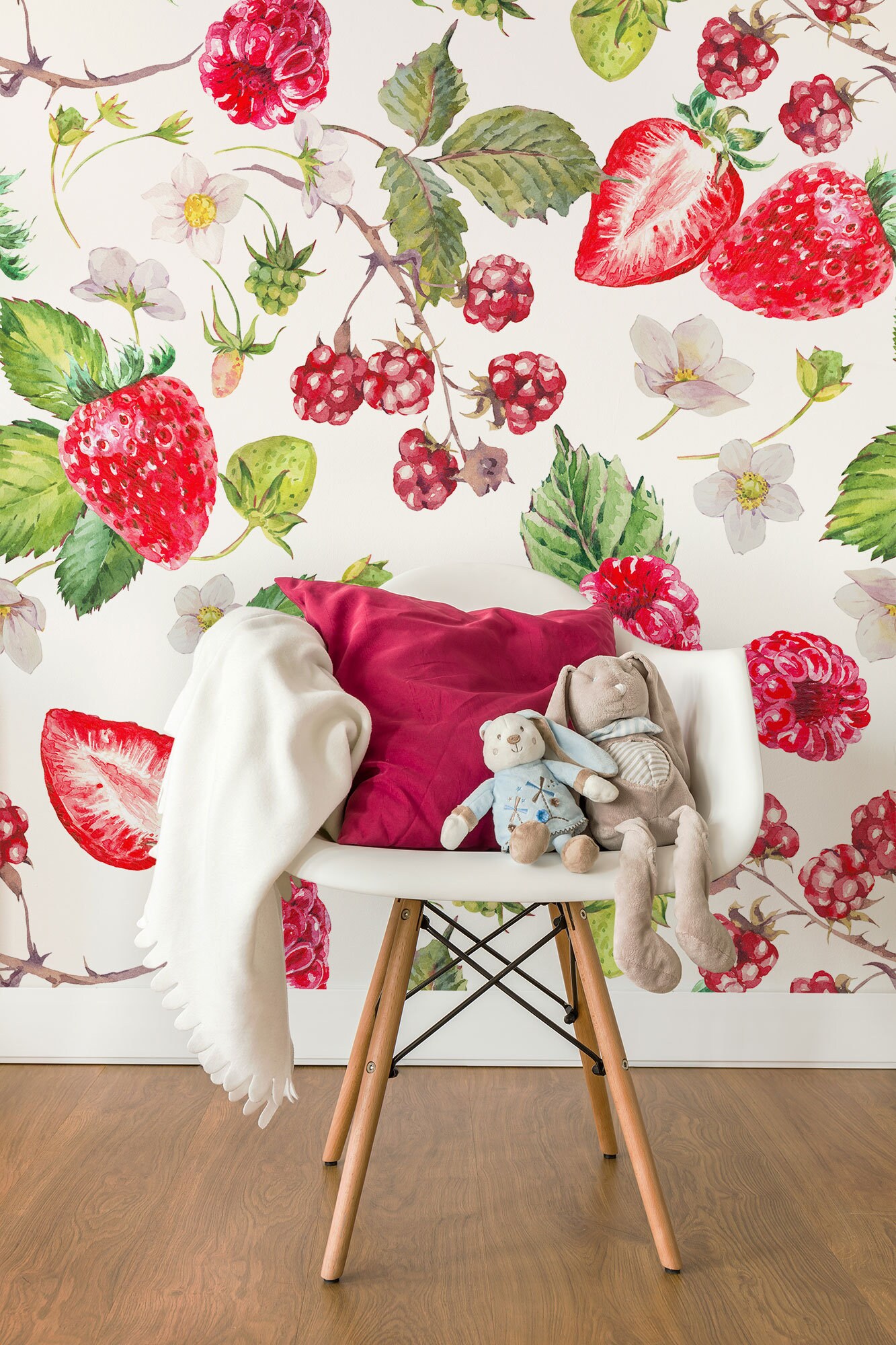 Raspberry and Strawberry Wallpaper, Forest Fruit Nursery Wallpaper ...