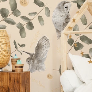 Owls nursery wallpaper, peel and stick wall mural, watercolor wall art, removable kids wallpaper, animal wallpaper, home decor