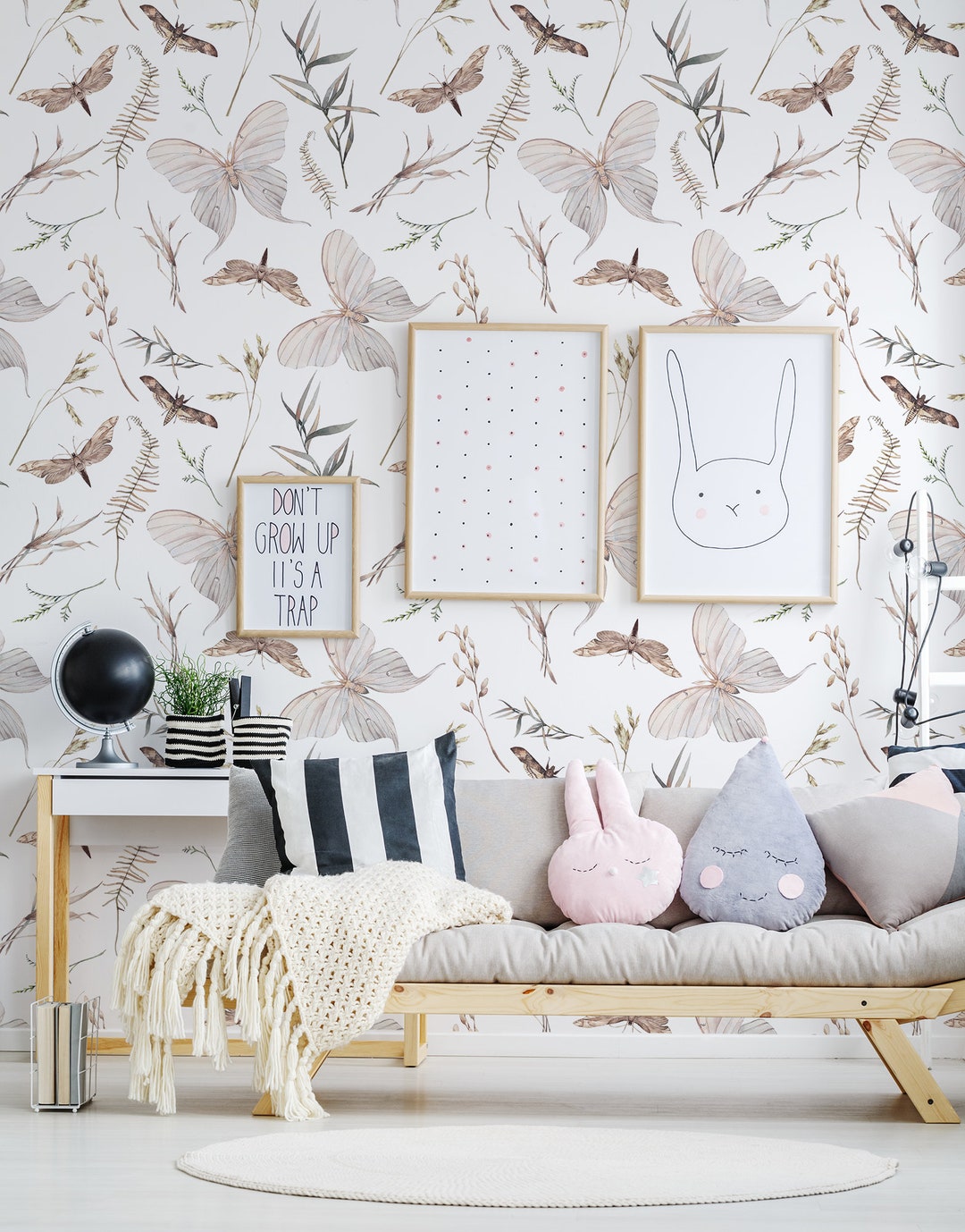 Kids Wallpaper With Butterflies, Peel and Stick Wall Mural, Removable ...
