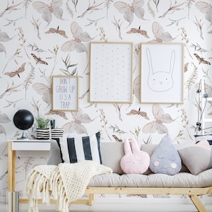 Kids wallpaper with butterflies, peel and stick wall mural, removable wallpaper, watercolor wall art, home decor for baby room