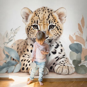 Carta da parati con animali, murale floreale, carta da parati staccabile e incollata, bellissima carta da parati con giaguaro, murale pastello, decorazione murale della cameretta dei bambini