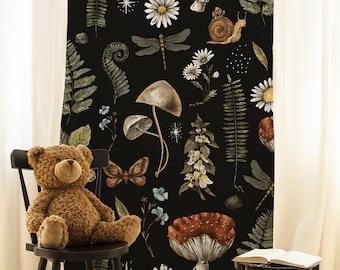 Nursery vintage wallpaper, forest plants botanical wallpaper, woodland wallpaper, removable, peel and stick, baby room wall decor