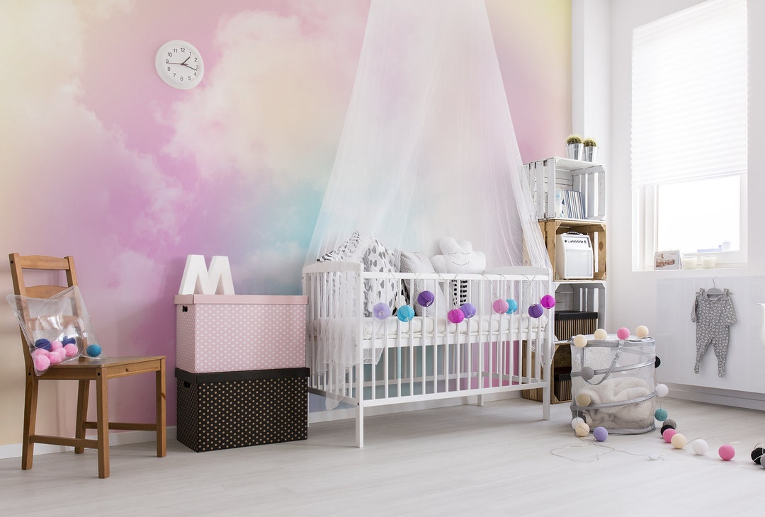 Pastel Clouds Kids Room Wall Mural, Pink Sky Peel and Stick Removable ...