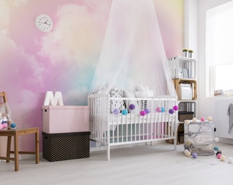 Pastel clouds kids room wall mural, pink sky peel and stick removable wallpaper, nursery self adhesive wallpaper, wall decor
