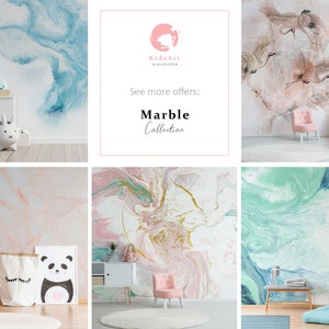 May include: A collage of images showcasing different marble-effect wallpaper designs. The designs feature various shades of pink, blue, and green, with swirling patterns reminiscent of natural marble. The images also include various children's furniture and decor, such as a ladder, a panda bear print, and a small armchair.