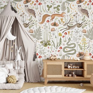 Nursery vintage wallpaper, botanical kids wallpaper, forest wallpaper, woodland wallpaper, peel and stick or traditional vinyl wallpaper