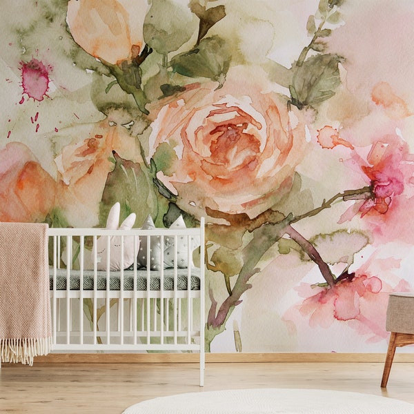 Watercolor roses, removable wallpaper, hand painted floral bouquet with roses and leaves, peel and stick wall decal, nursery wallpaper