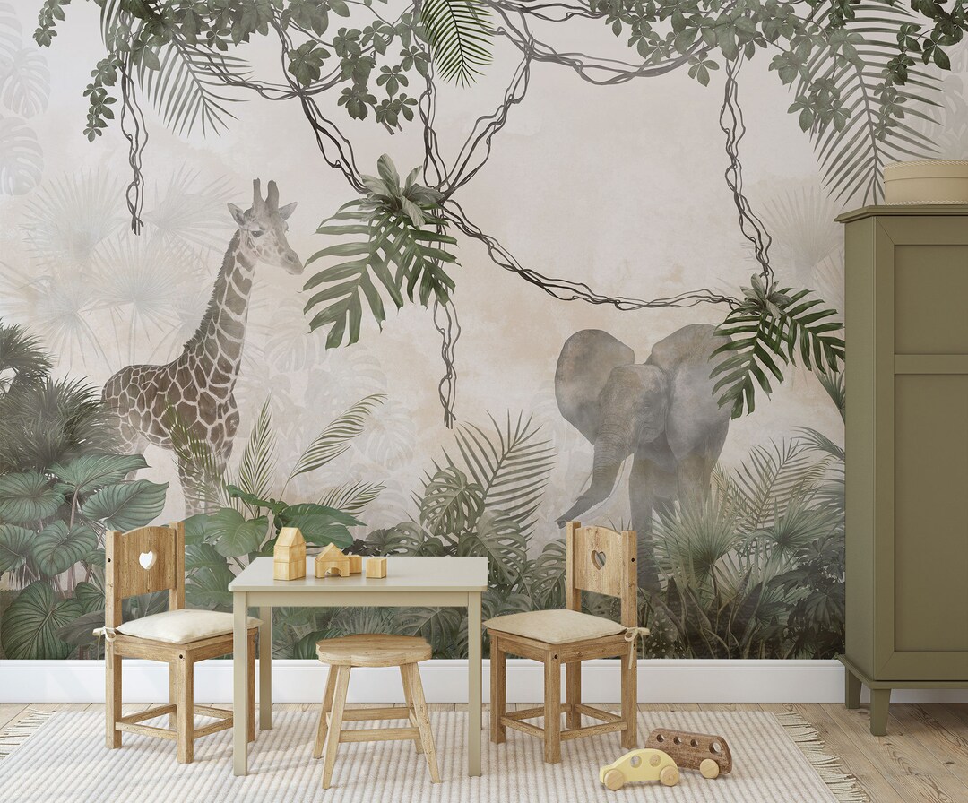 Jungle Wallpaper Mural, Kids Nursery Wallpaper, Exotic Animals ...