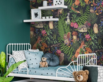 Forest animals wall mural, self adhesive wallpaper, removable wallpaper, watercolor nursery wallpaper, peel and stick temporary wallpaper