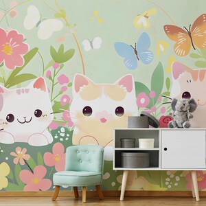 Carta da parati con gatti carini, foresta magica, murale pastello, decorazioni per la casa dei bambini, parete della scuola materna, stacca e incolla o carta da parati tradizionale