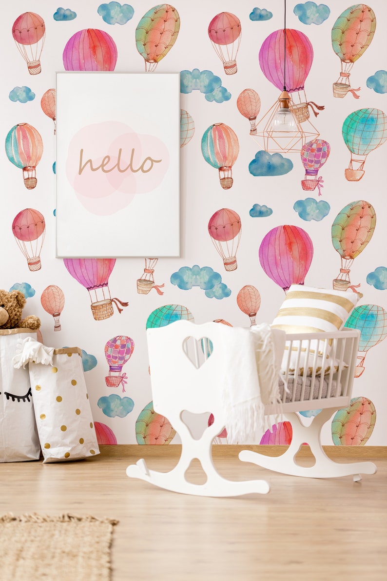Hot air balloon wallpaper nursery wallpaper watercolor | Etsy