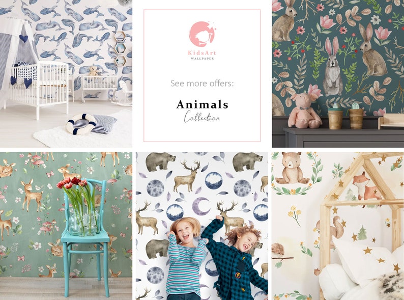 Puede incluir: Un collage de im&aacute;genes que muestran diferentes dise&ntilde;os de papel tapiz con tem&aacute;tica animal. Los dise&ntilde;os presentan varios animales, incluyendo ballenas, ciervos, osos, conejos, zorros y ardillas. El papel tapiz est&aacute; impreso sobre un fondo blanco con ilustraciones de acuarela.
