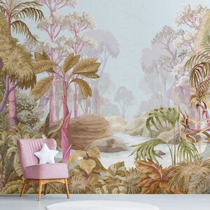 Nursery vintage wallpaper, jungle wall mural, landscape wallpaper, kids wallpaper peel and stick or traditional vinyl wallpaper