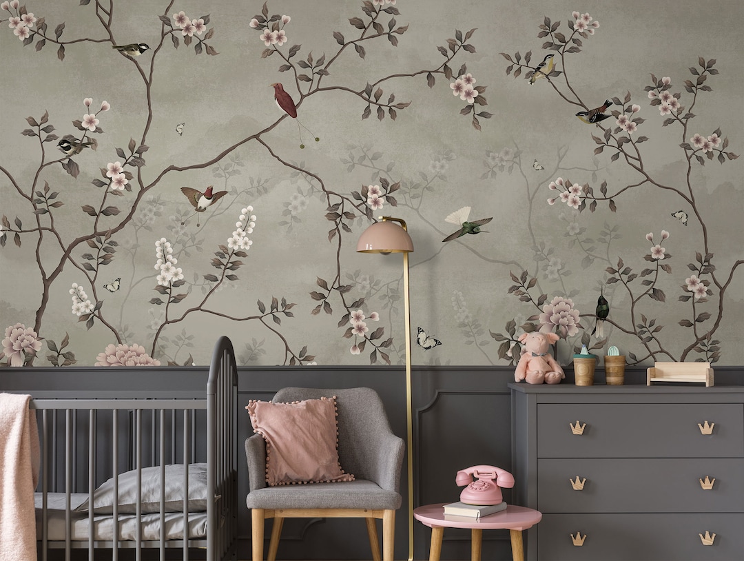 Vintage Nursery Wall Mural, Kids Wallpaper, Floral Garden and Bird ...