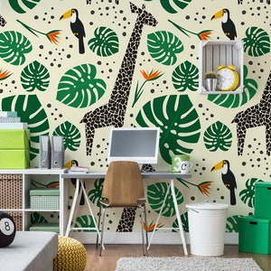 Kids wallpaper exotic animals, peel and stick nursery wallpaper, kids room jungle wall mural, temporary wallpaper, tropical wall decor