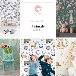 May include: A collage of images showcasing different animal-themed wallpaper designs. The designs feature various animals, including whales, deer, bears, rabbits, foxes, and squirrels. The wallpaper is printed on a white background with watercolor-like illustrations.