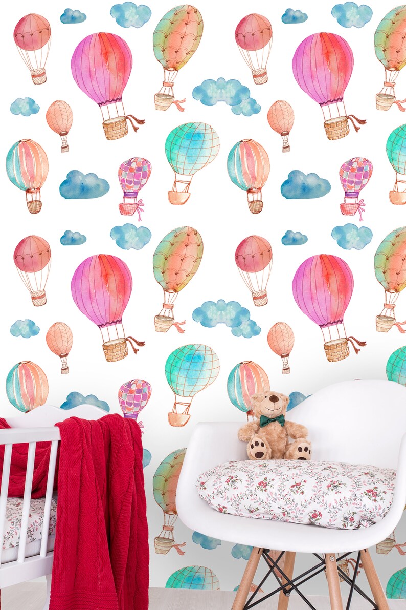 Hot air balloon wallpaper nursery wallpaper watercolor | Etsy