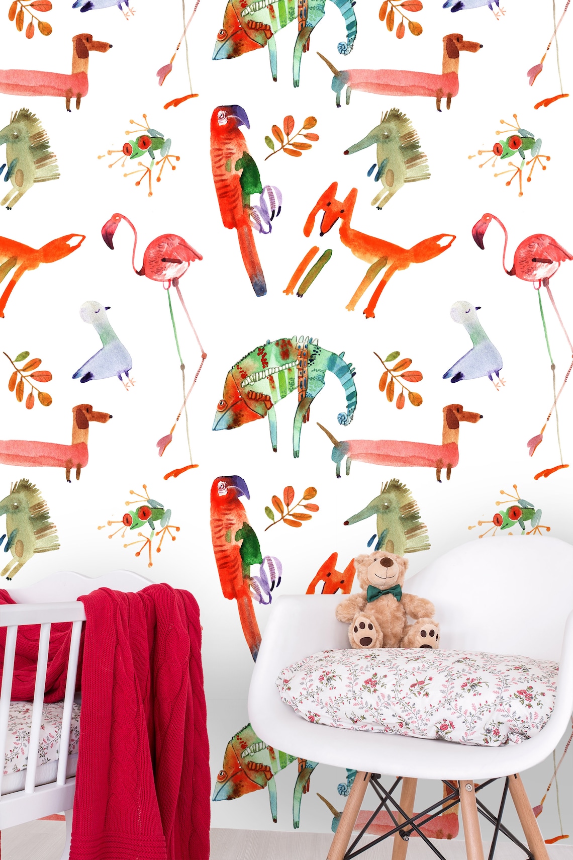 World of Animals Removable Wallpaper Watercolor Pattern Etsy