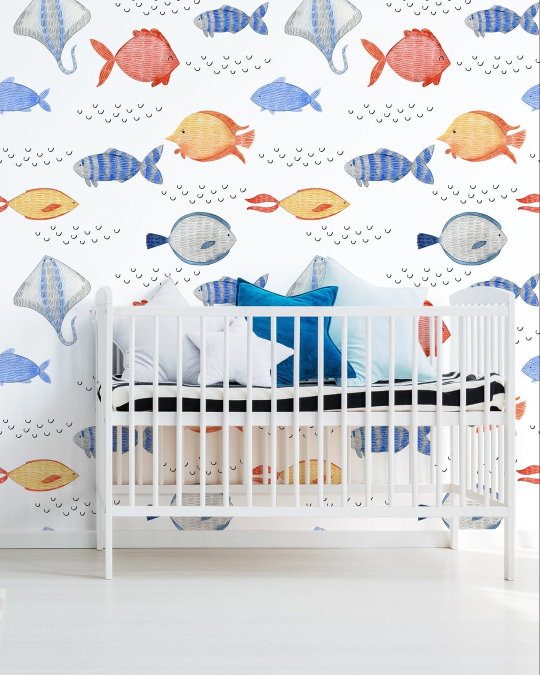Nursery Wall Mural, Colorful Fish Pattern Wallpaper, Watercolor ...
