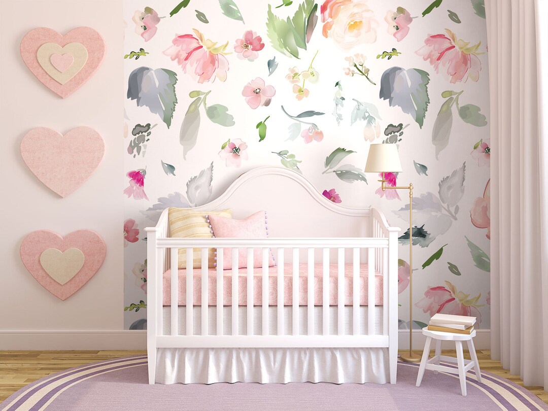 Floral Watercolor Nursery Wallpaper, Peel and Stick, Flowers and Leaves ...