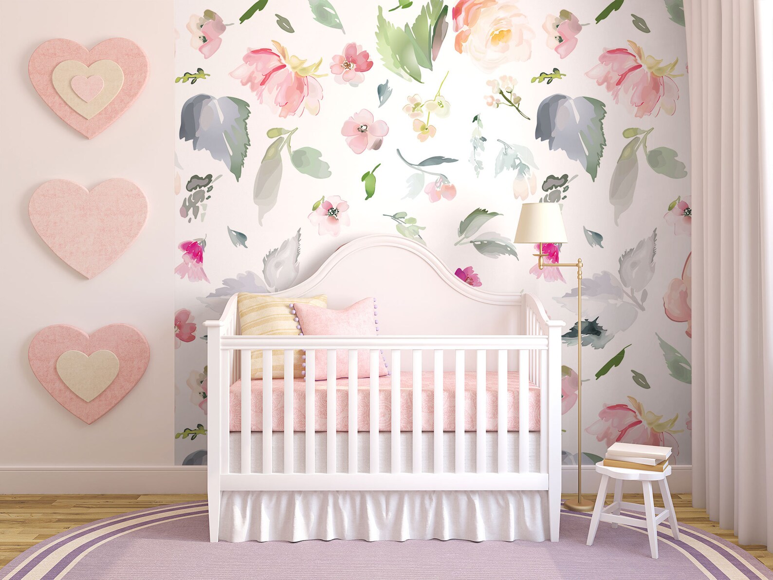 Floral Watercolor Nursery Wallpaper, Peel and Stick, Flowers and Leaves ...