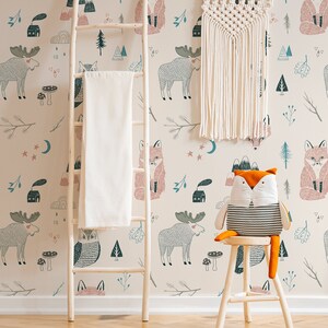 Kids wallpaper with forest animals, peel and stick wall mural, kids removable wallpaper, floral wall decor for baby room