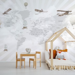 Weltkarte Wandbild, Kinderzimmer Tapete, Tiere Tapete, Luftflugzeug Wand wandbild, abnehmbare Tapete, Babyzimmer Wand Dekor
