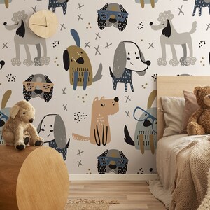 Cute dogs wallpaper, kids removable wallpaper, nursery wall art, peel and stick self adhesive forest animals wallpaper, baby room wall decor