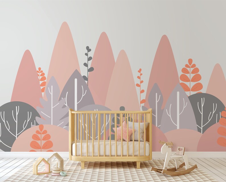Pink Mountains Nursery Wall Mural Forest Wallpaper Peel and Etsy