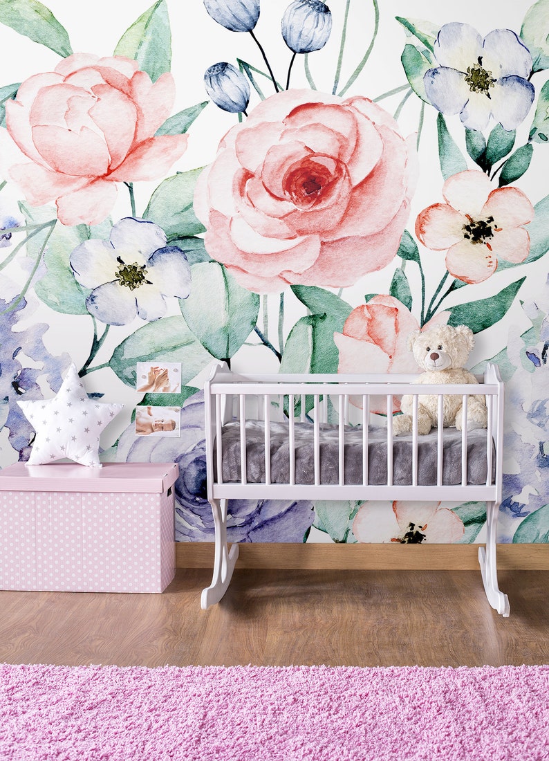 Nursery Wallpaper With Watercolor Flowers Peel and Stick | Etsy