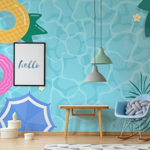Tropical wallpaper for kids room, swimming pool wall mural, nursery wall decor, peel and stick or traditional wallpaper