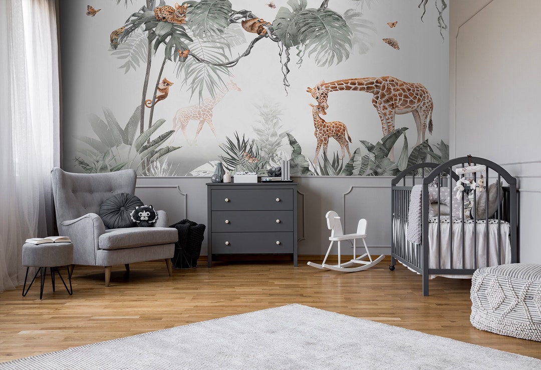 Jungle Wall Mural, Kids Wallpaper, Tropical Plants and Animals Nursery ...