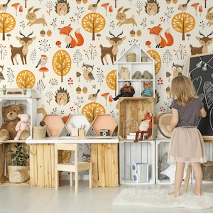 Papier peint pour animaux forestiers, peinture murale autocollante pour pépinière boisée, peinture murale pelable et bâton, papier peint temporaire