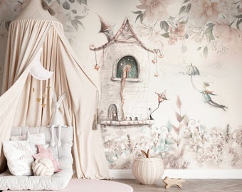 Fairy tale wallpaper, nursery wall print, princess wallpaper, kids wall mural, peel and stick or traditional wallpaper