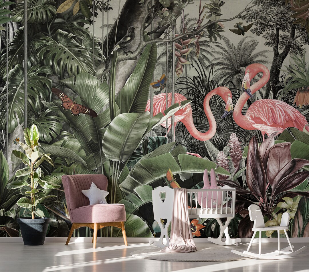 Jungle Nursery Wall Mural Kids Wallpaper Tropical Plants and Etsy