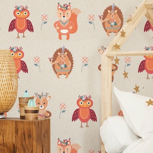 Boho animals kids wallpaper, nursery removable wallpaper, peel and stick self adhesive forest animals wallpaper, baby room wall decor
