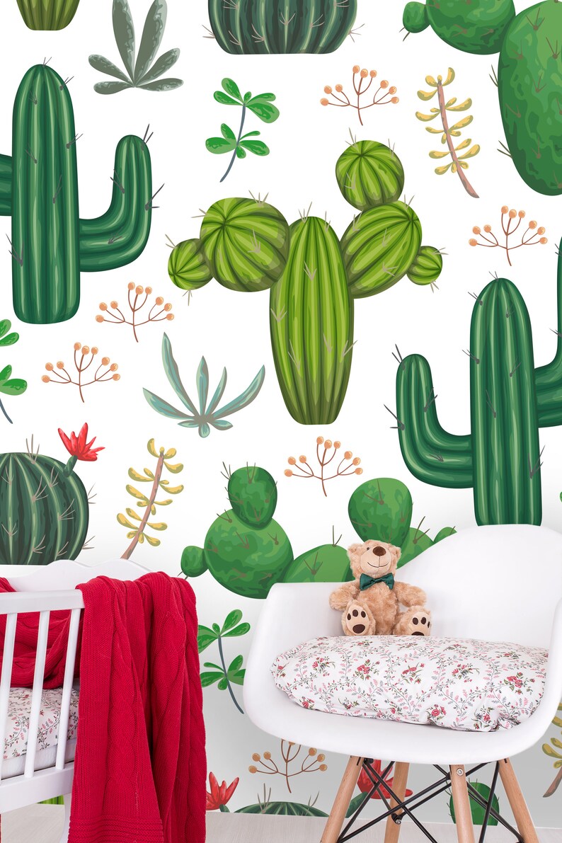 Kids Wallpaper With Green Cactus Peel and Stick Wall Mural Etsy