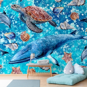 Blaue Meeresleben Wand Wandbild, Kinderzimmer Kinder Tapete, Meerestiere Tapete, Kinderzimmer Tapete, abnehmbare Tapete, Babyzimmer Wand Deko
