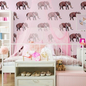 Pink elephants wallpaper for nursery, peel and stick animal wall mural, creative wall decor for kids room, removable wallpaper#